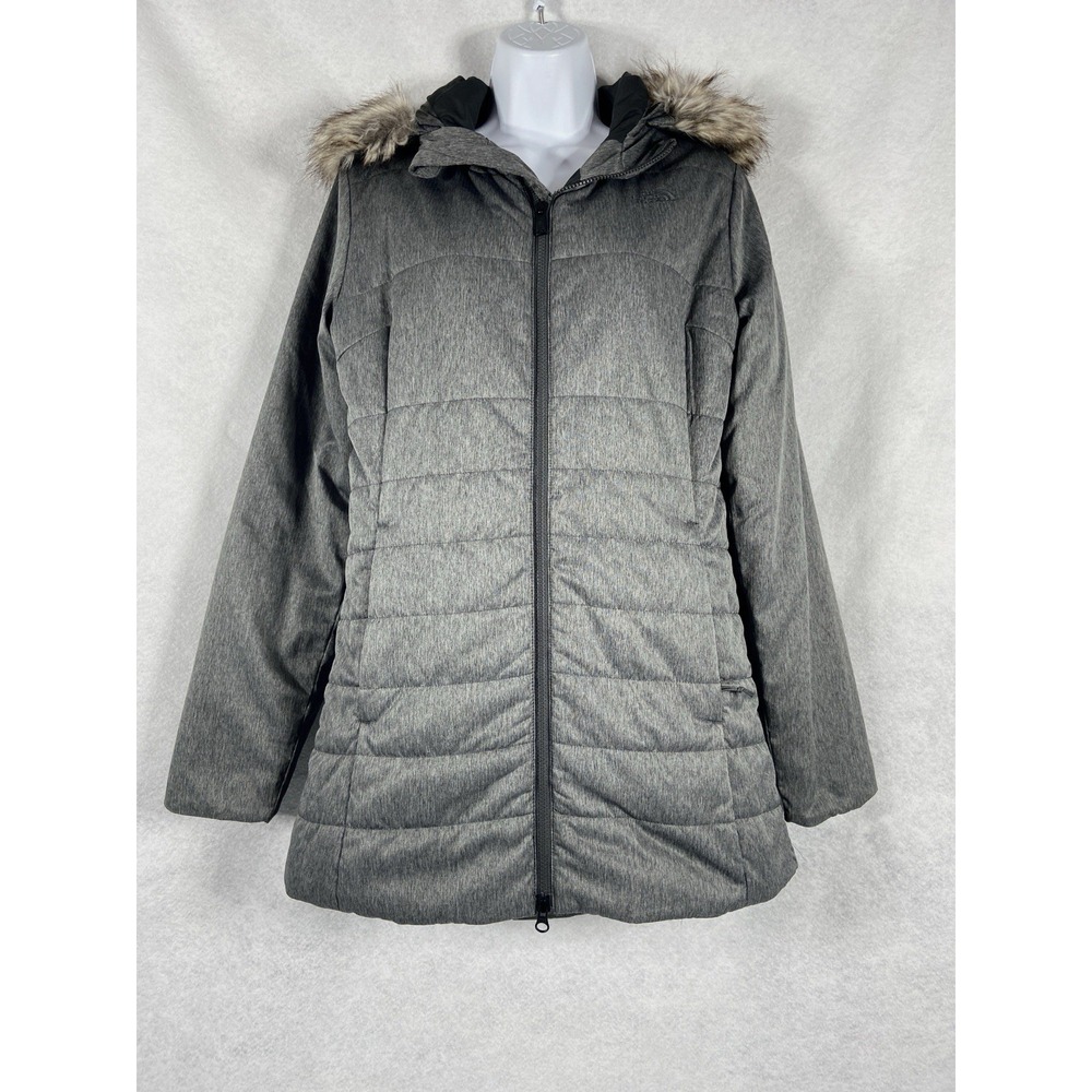 The North Face Womens Parka Jacket Medium Gray Hooded Faux Fur Trim Insulated